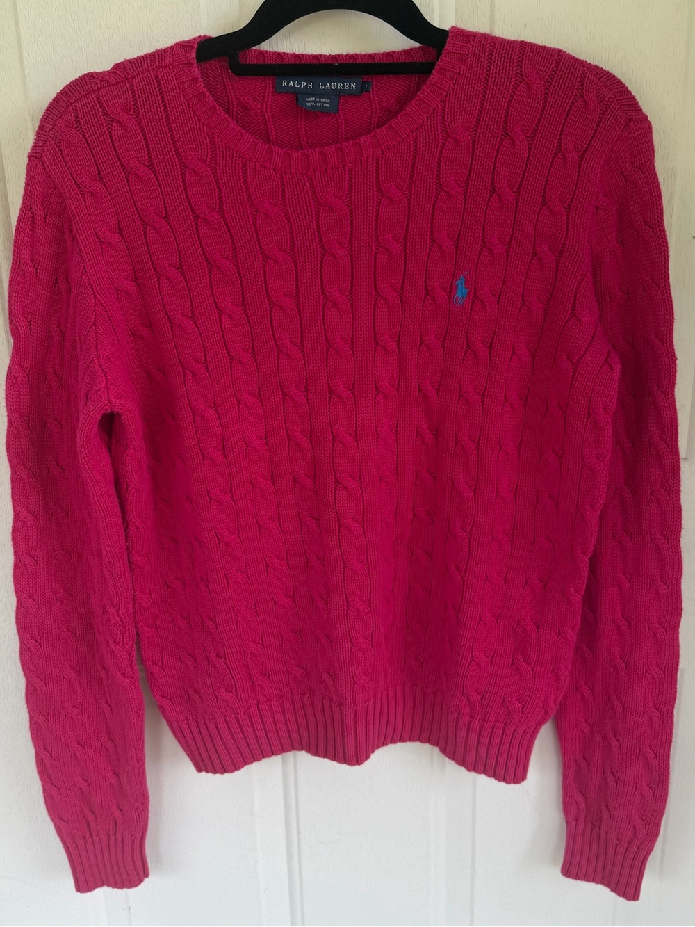 Ralph Lauren fuschia hot Pink Cable Knit Cotton Sweater Blue Pony Size L